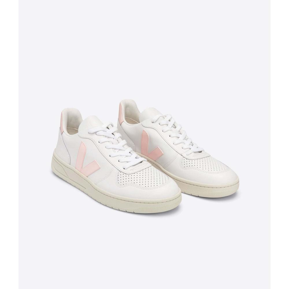 Women's Veja V-10 LEATHER Sneakers White/Pink | ZA 659RVD